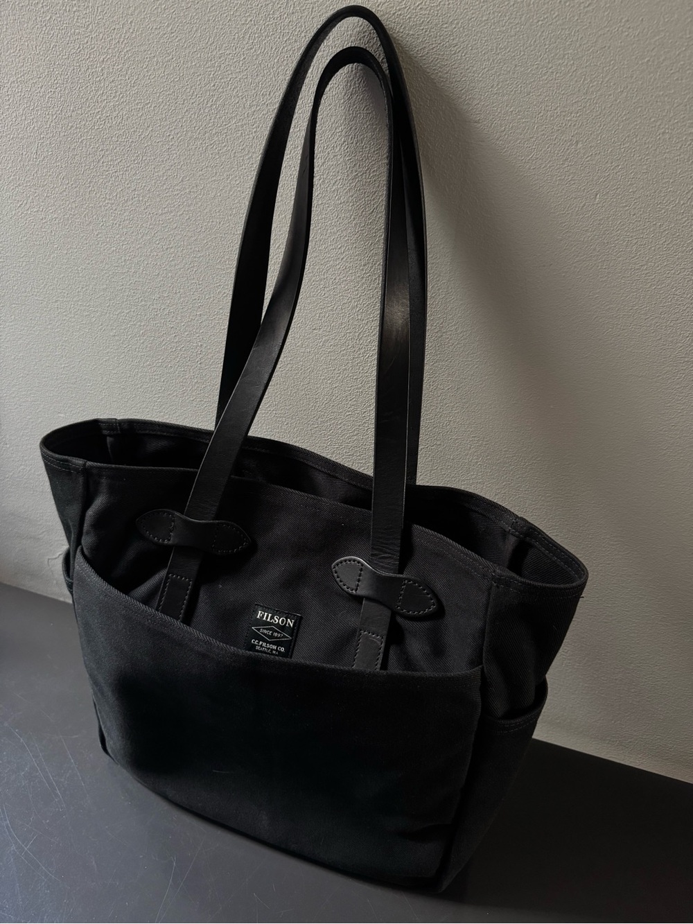 Vintage Filson Black Canvas Tote Bag with Leather Straps